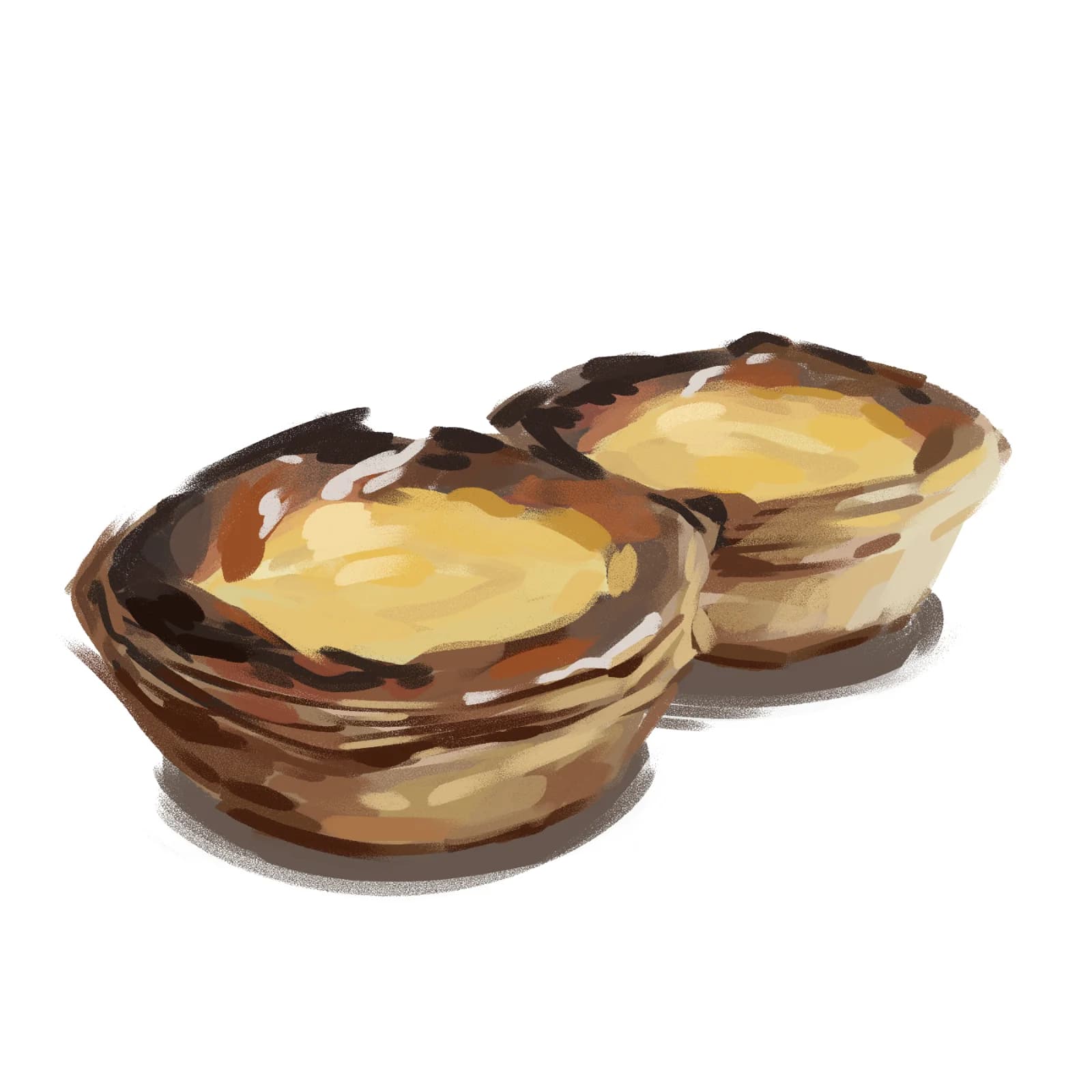 Still life illustration of two Portuguese egg tarts