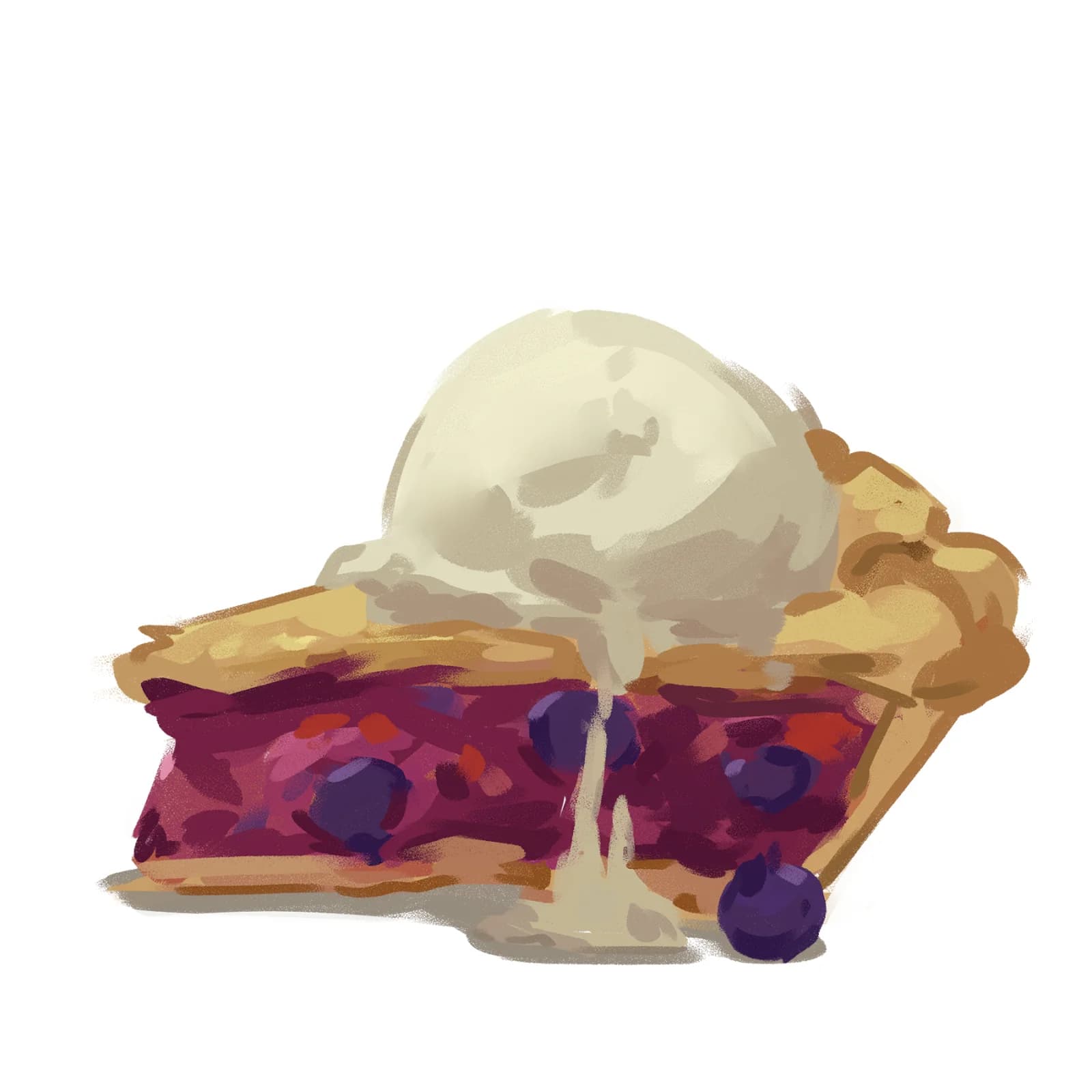 Illustration of a slice of blueberry pie topped with a scoop of vanilla ice cream