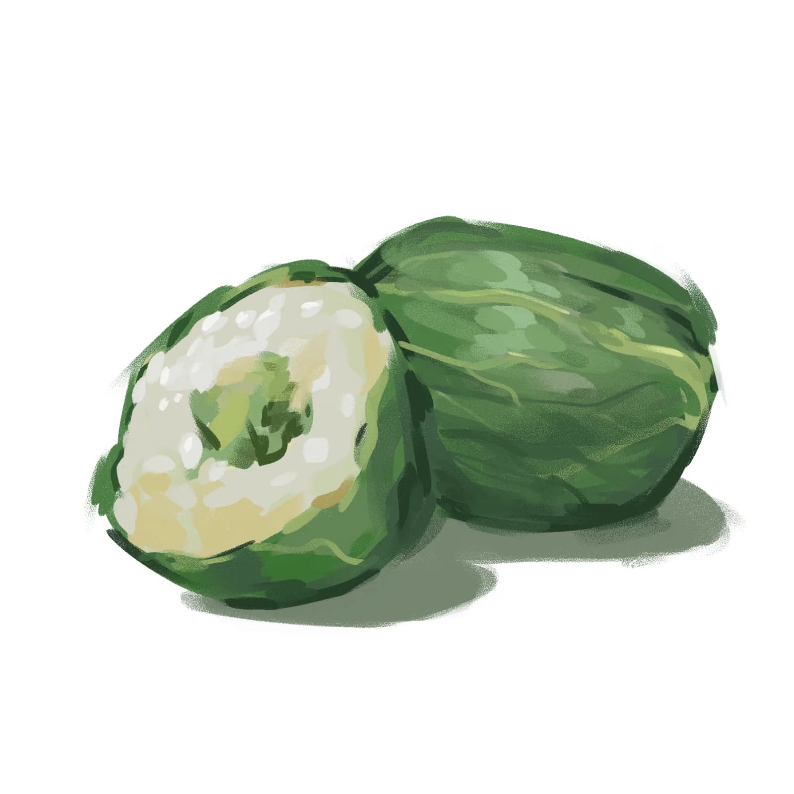 Illustration of two mochi, one whole and one halved revealing its filling
