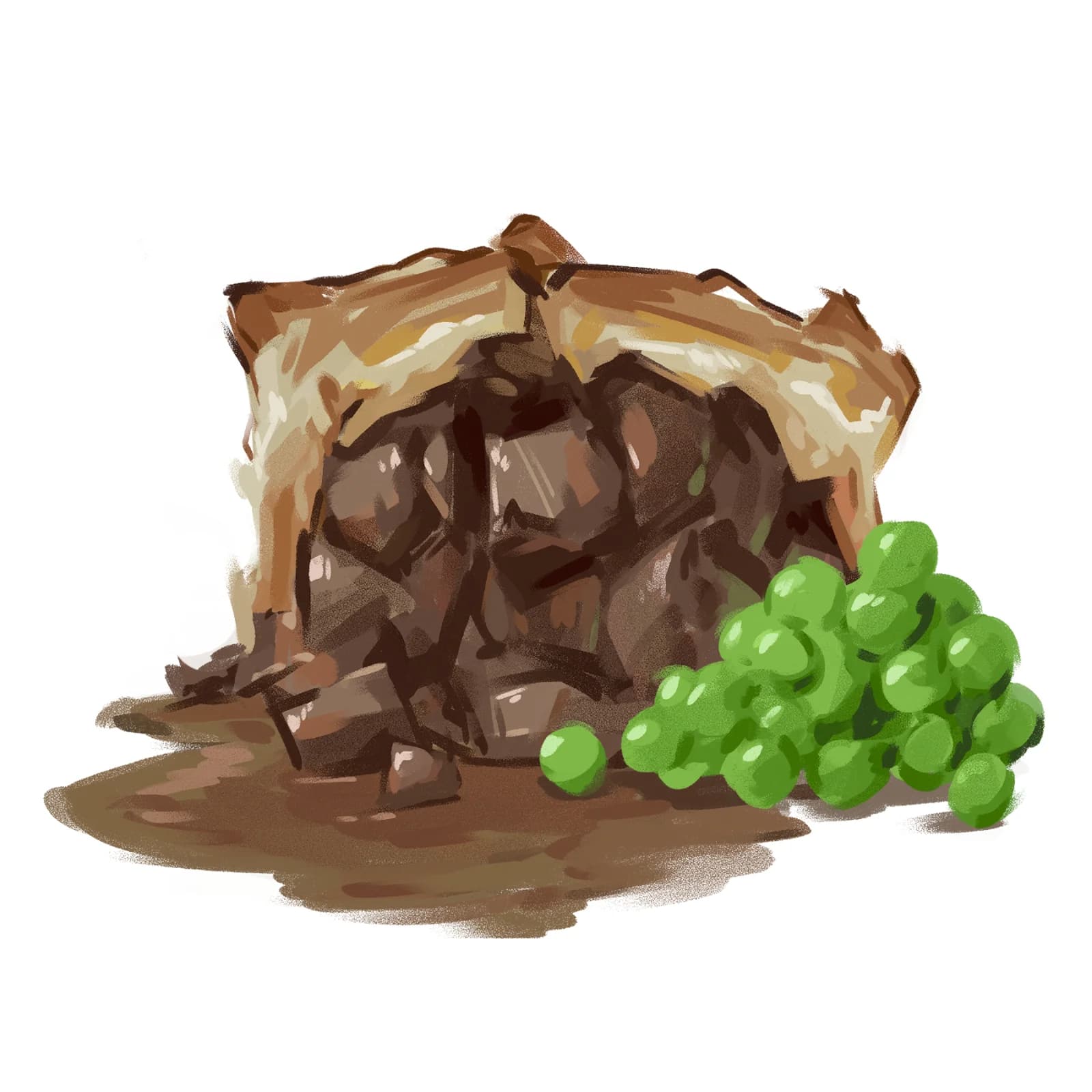 Illustration of a meat pie with a torn flaky crust served alongside green peas