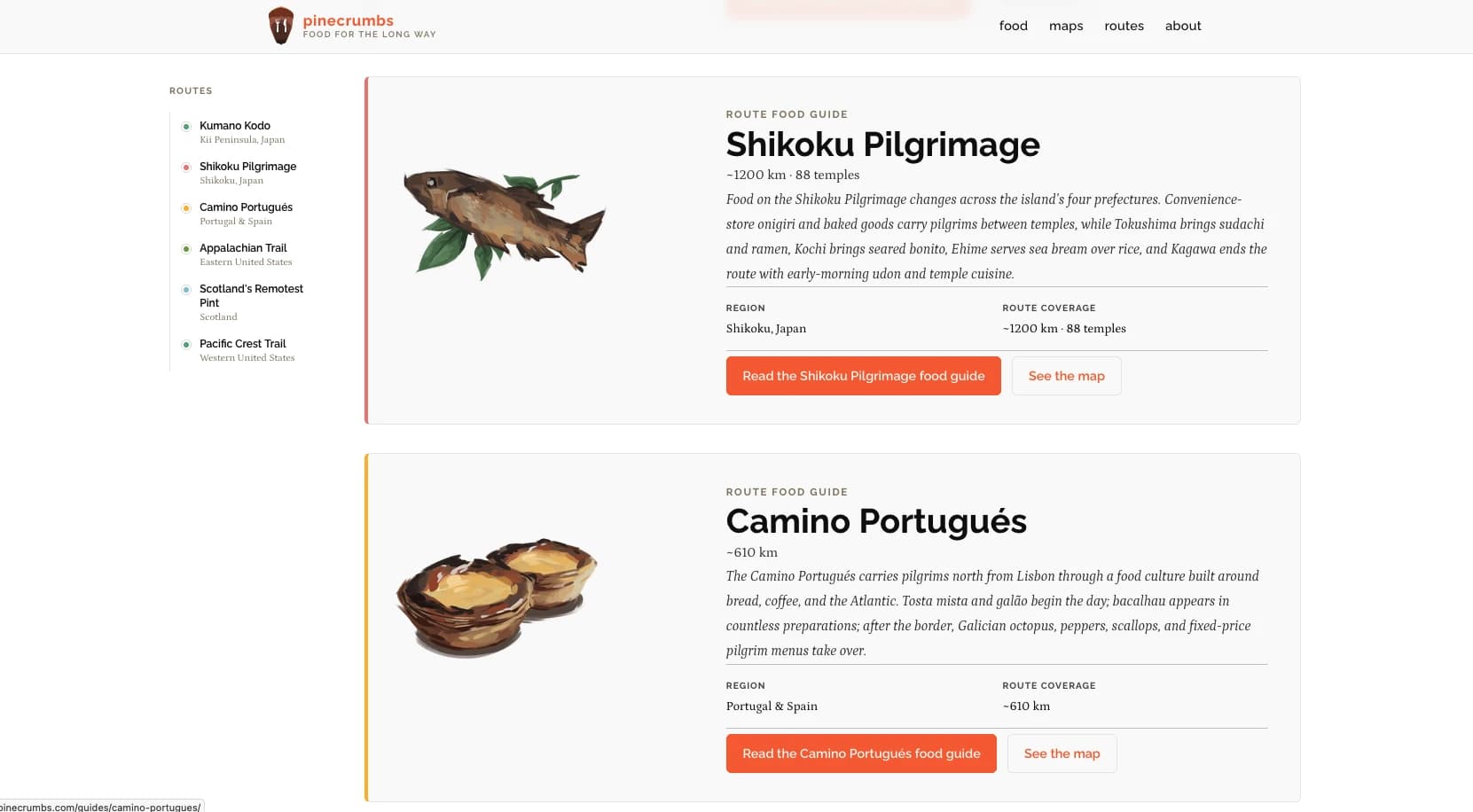 Screenshot of the Pinecrumbs website route food guide page, showing the food icon illustrations used alongside route descriptions for the Shikoku Pilgrimage and Camino Portugués