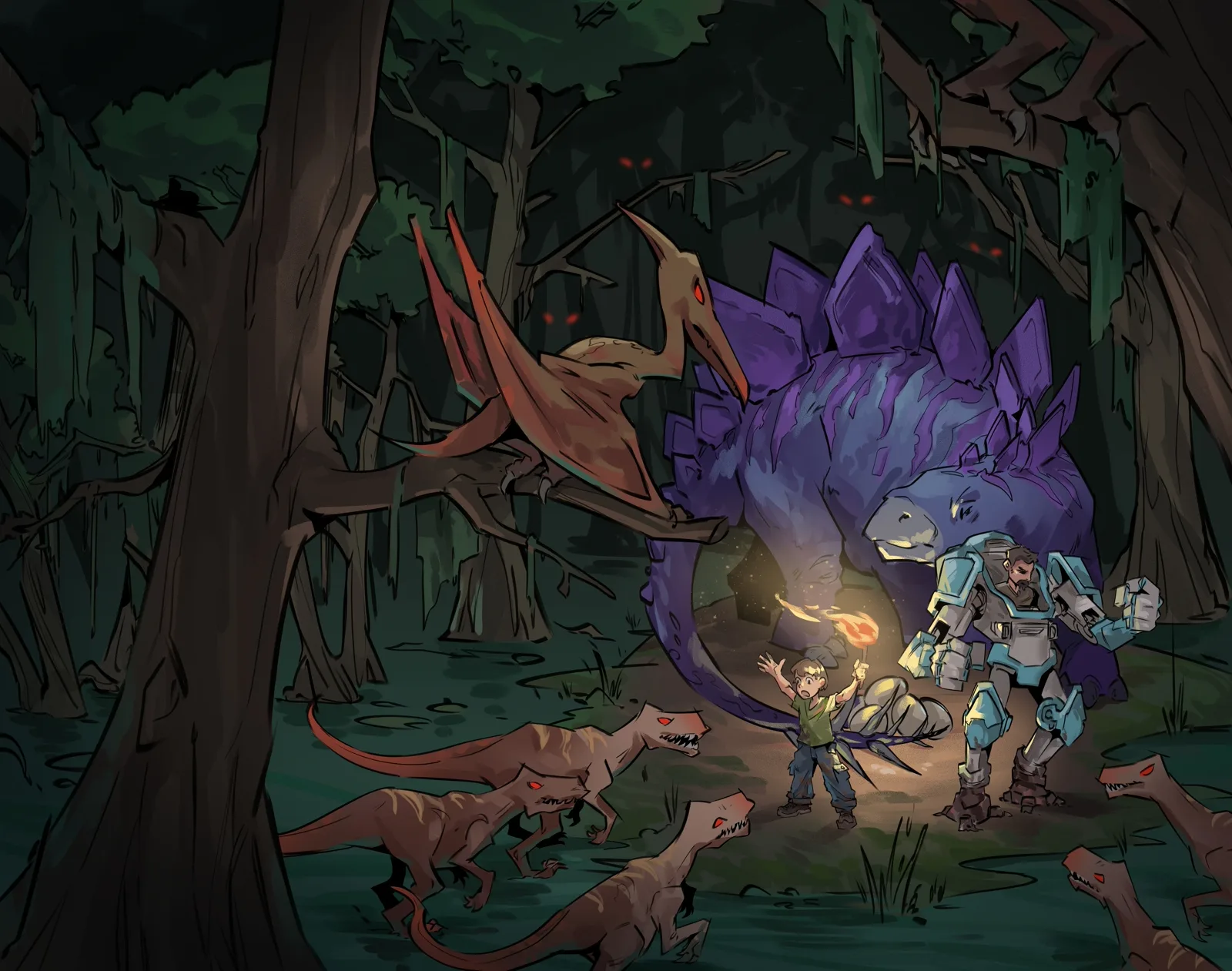 Clean full wrap illustration for 'Dino Adventures Book Three: Stegosaurus Swamp', without title text, showing a boy and armored companion facing a stegosaurus and pterosaur in a dark prehistoric swamp