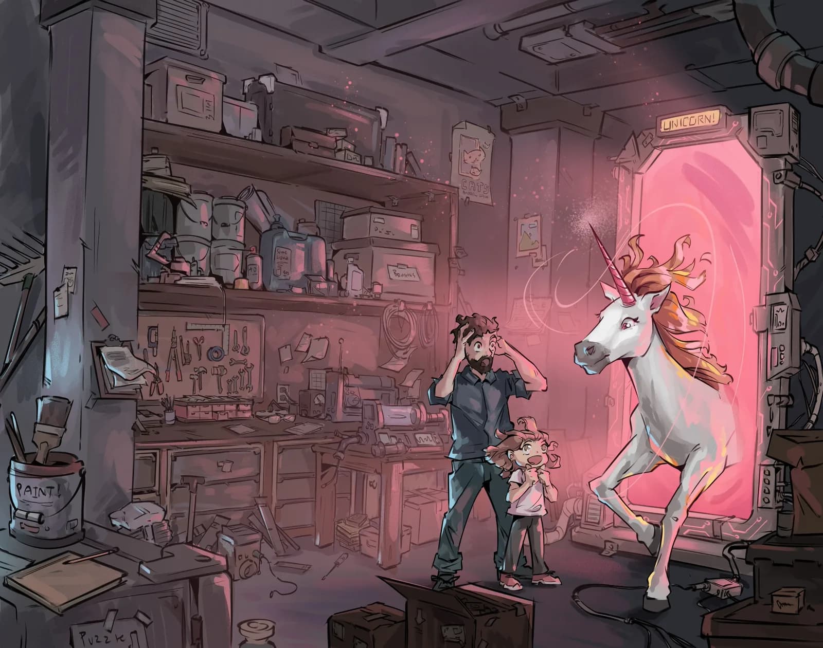 Clean full wrap illustration for 'There's a Unicorn in My Basement! Adventures in Aletia Book One', without title text, showing a startled father and child confronting a glowing white unicorn in a cluttered basement workshop