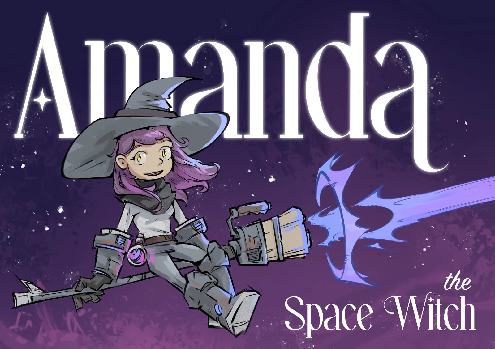 Book cover illustration for 'Amanda the Space Witch' featuring a chibi-style girl in a witch hat and mechanical space armor riding a broom alongside a glowing energy sword against a purple starfield