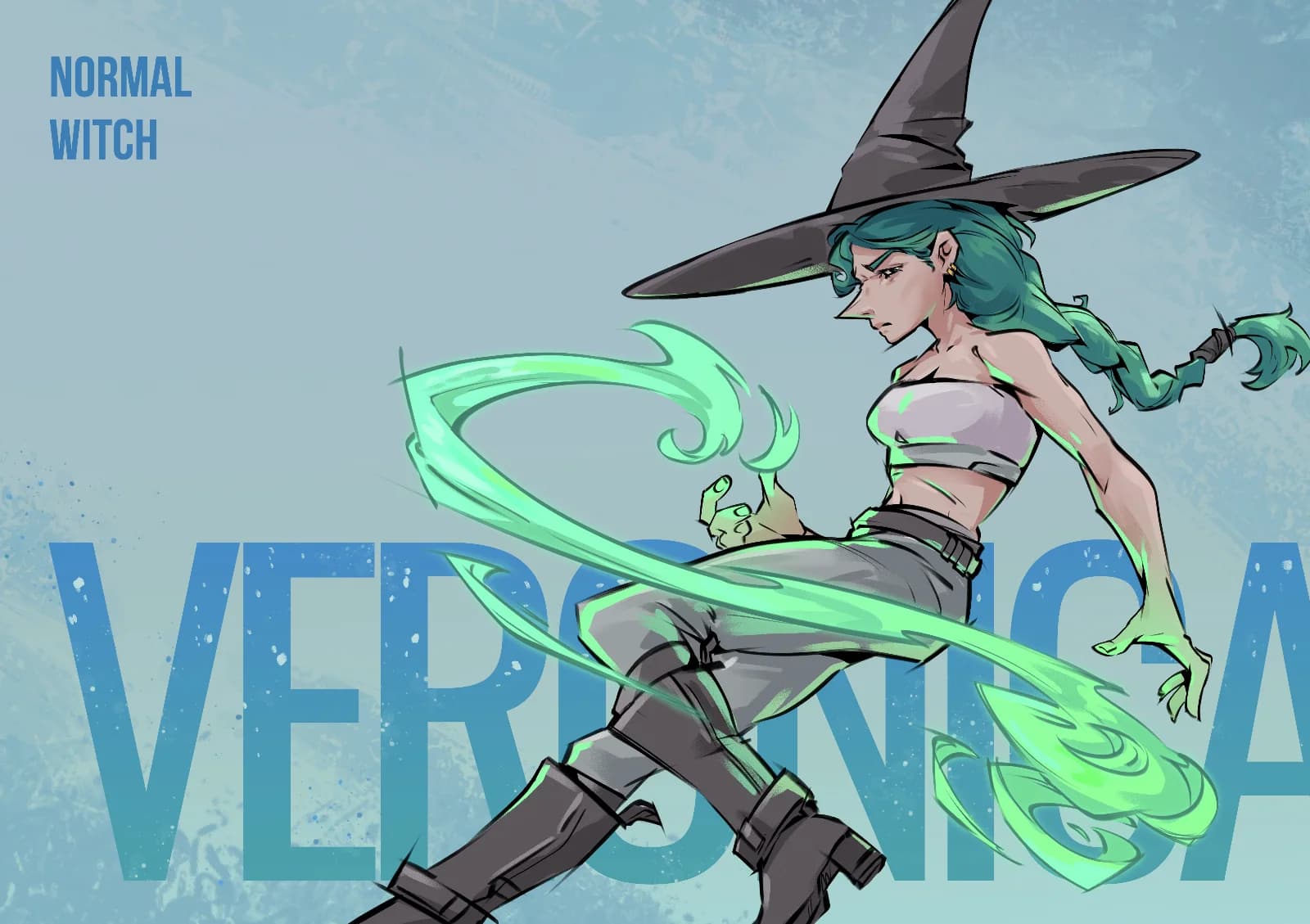 Character illustration of Veronica the Normal Witch, a confident figure with teal hair and a wide-brimmed hat channeling swirling green magic energy, set against a textured blue-grey background