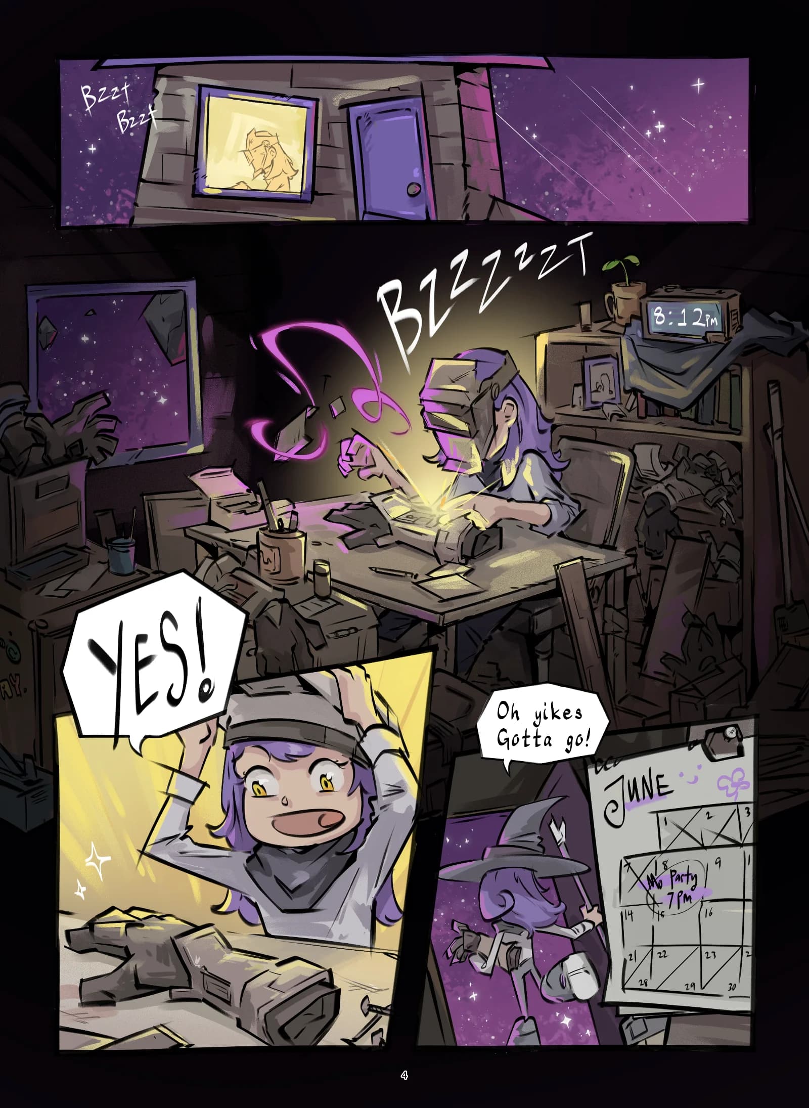 Full-color interior comic page showing Amanda working late in her cluttered workshop on a robot invention before rushing off after being reminded of a party
