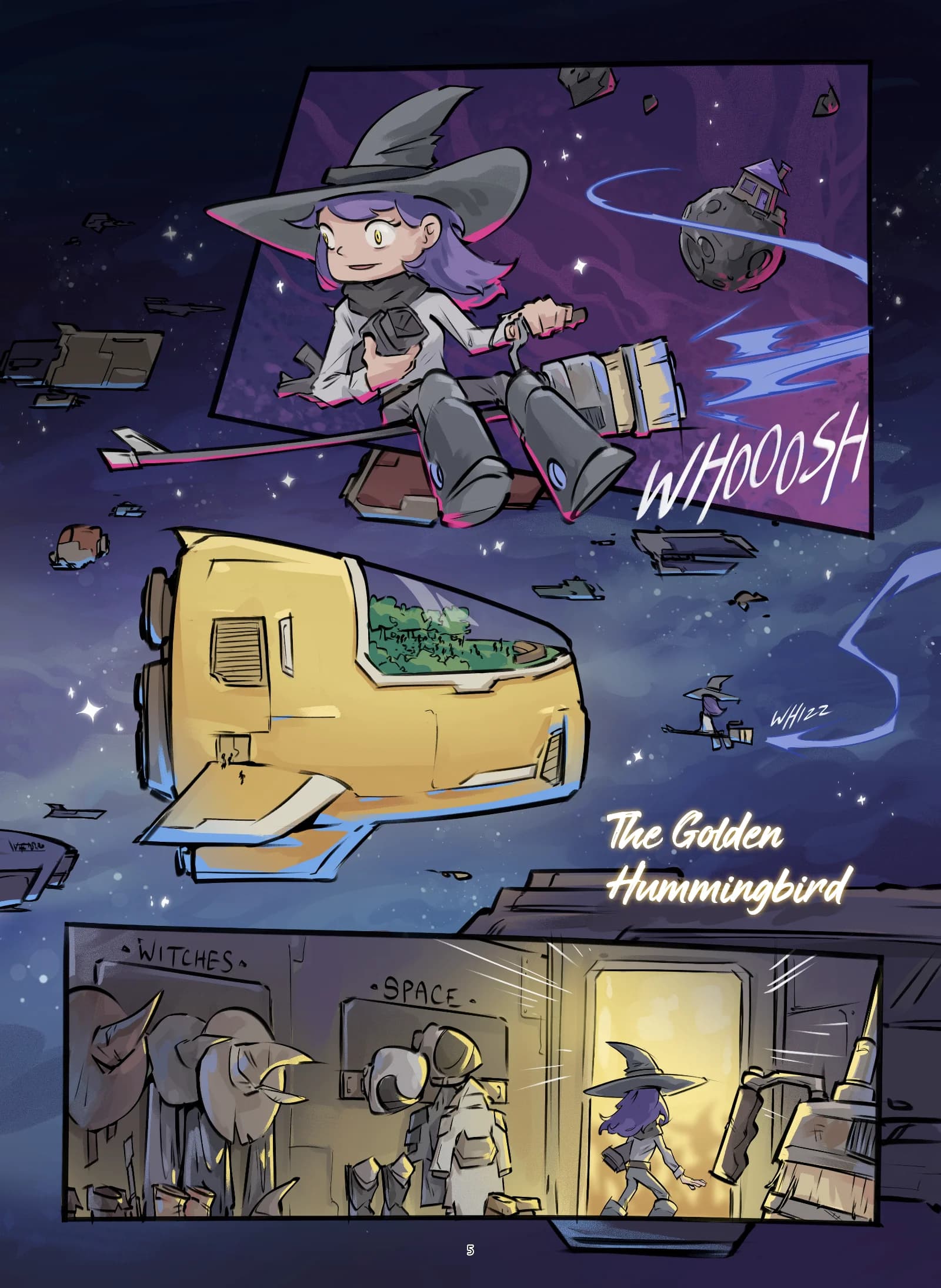Full-color interior comic page titled 'The Golden Hummingbird' showing Amanda riding a rocket-powered broomstick through space past a small moon with a house on it