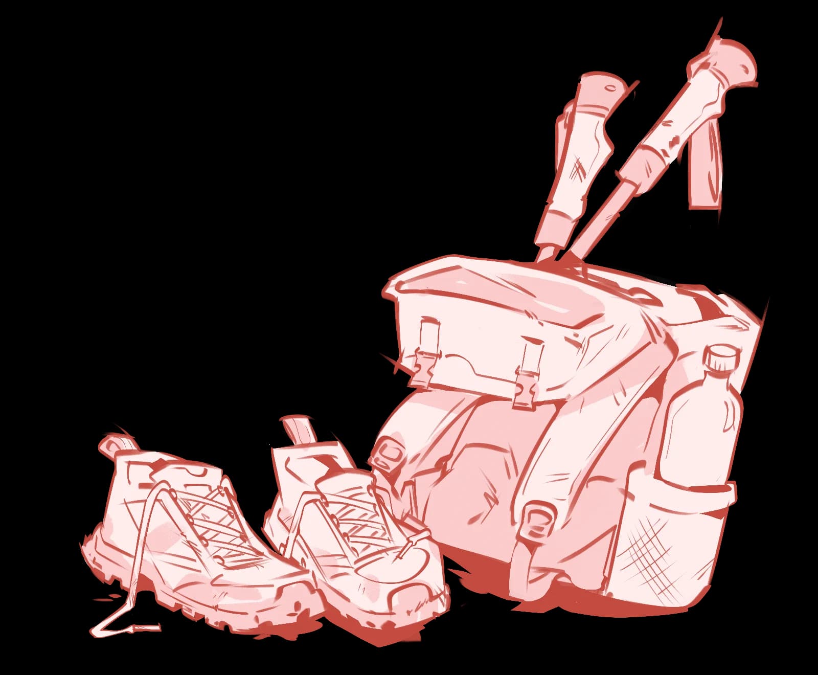 Illustration of hiking boots, a loaded backpack, trekking poles, and a water bottle laid out together