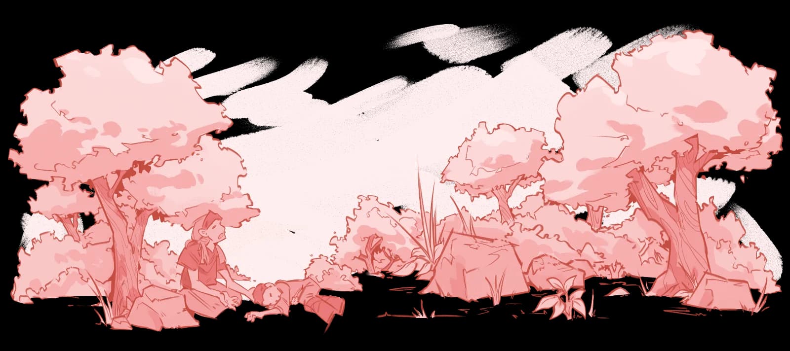 Panoramic illustration of a mother sitting with a child resting in a forest clearing surrounded by trees and rocks