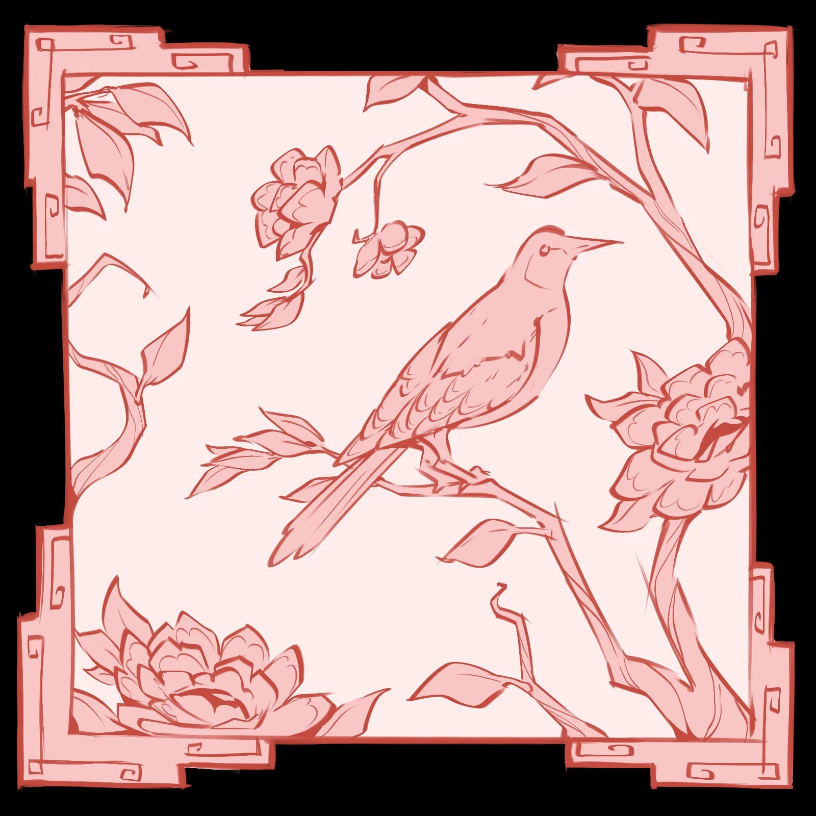 Decorative pattern illustration of a bird perched on a flowering branch framed by an ornate Chinese-style border