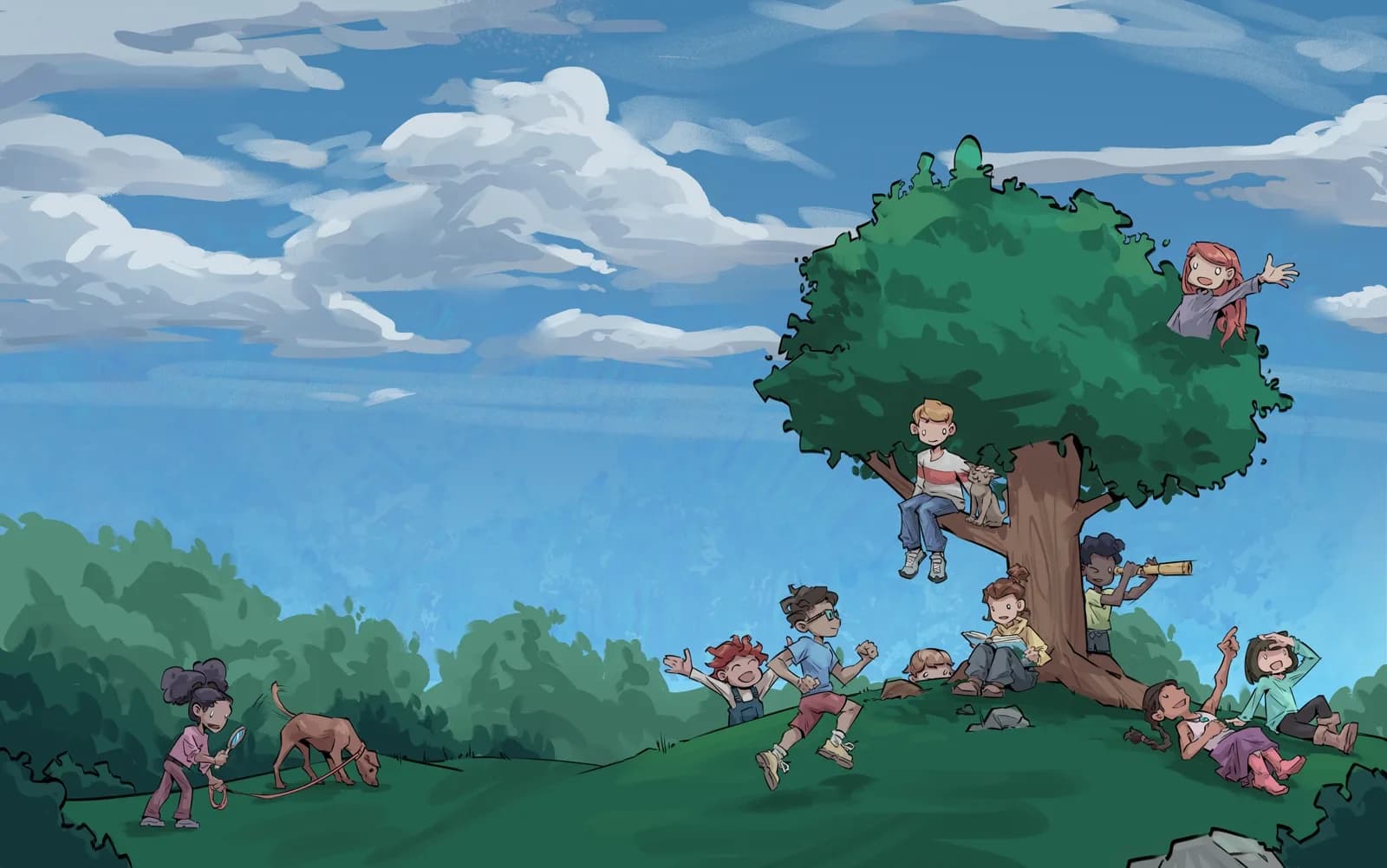 Clean full wraparound illustration for the 'I Know Who I Am On The Family Tree' book cover, without title text, showing diverse children playing in and around a large oak tree on a grassy hill