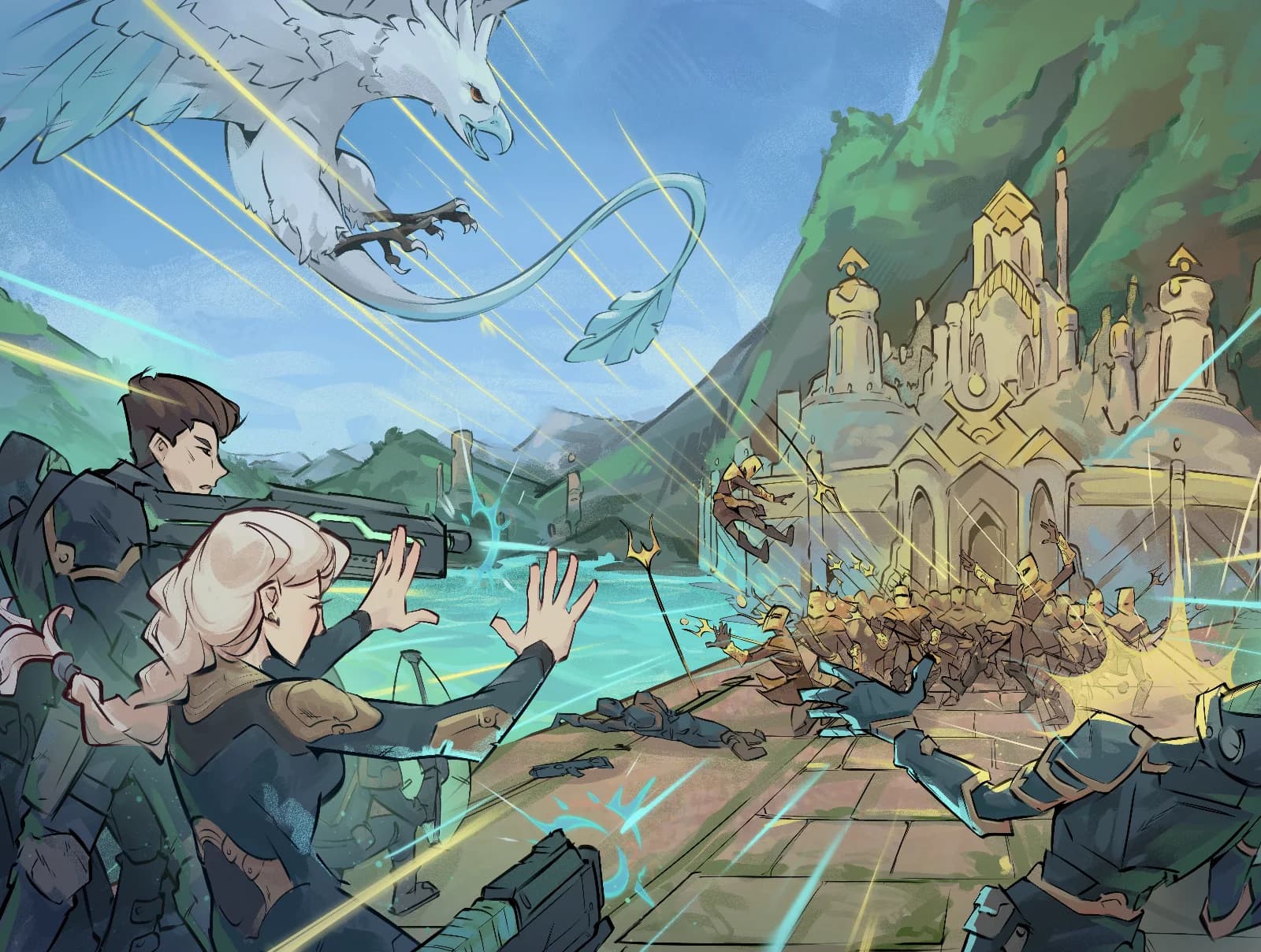 Full-color illustration of sci-fi soldiers raising their hands in surrender before a golden-armored army at a fantasy castle, as a griffin fires energy beams overhead