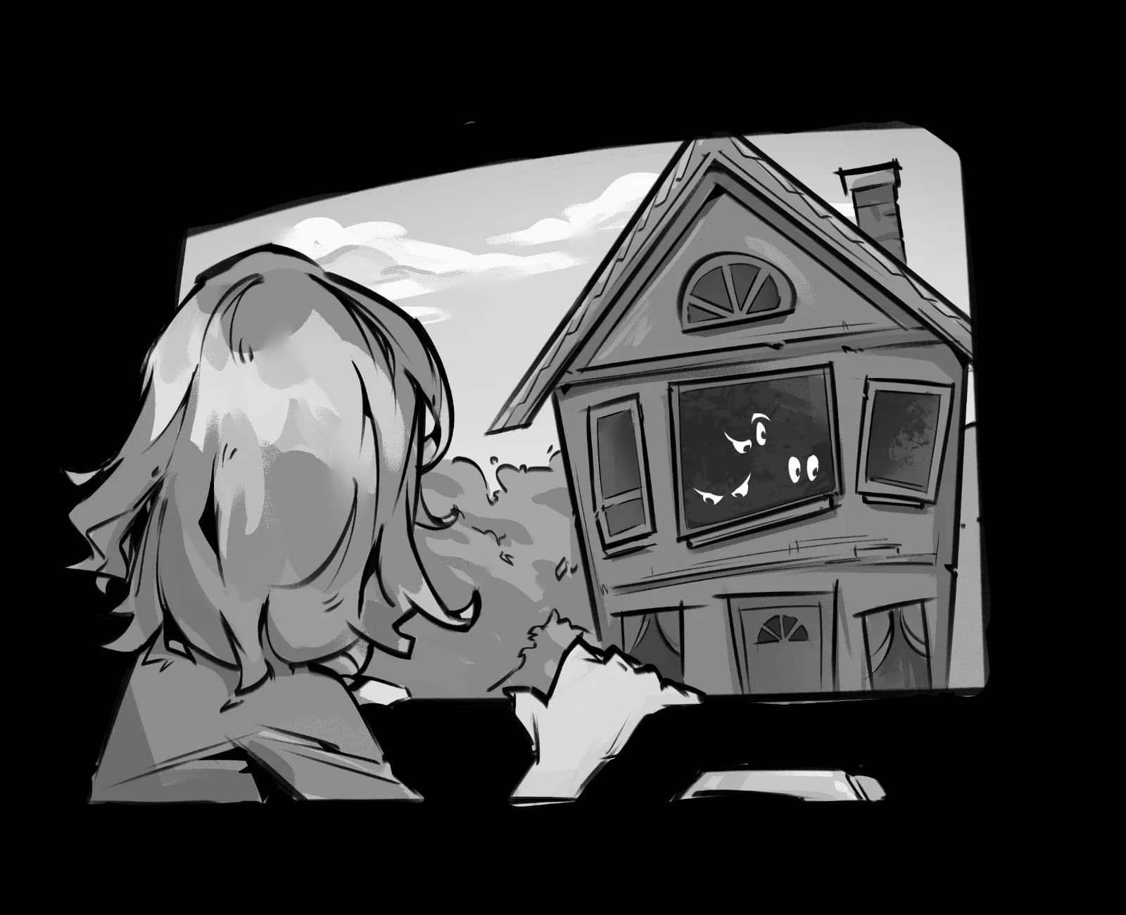 Grayscale interior book illustration of a nervous child looking out a window to an eerie house with glowing eyes peering from a darkened window