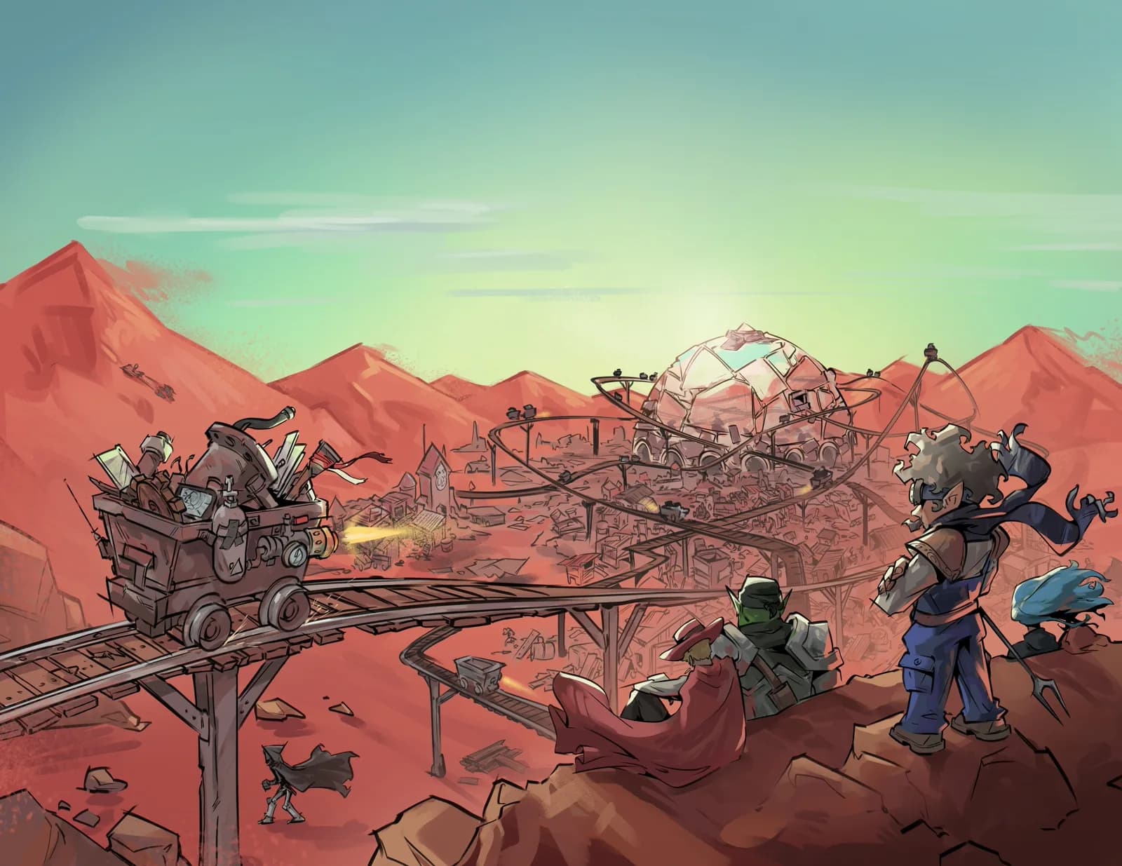 Clean illustration for 'The Saboteur of Junkdrift: Our Heroes Book Two', without title text, depicting a post-apocalyptic desert scene with characters on a mine cart approaching a sprawling junkyard settlement