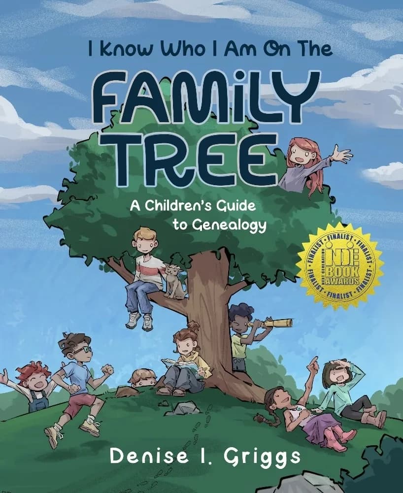 Book cover illustration for 'I Know Who I Am On The Family Tree: A Children's Guide to Genealogy' by Denise I. Griggs, featuring diverse children playing around a large oak tree