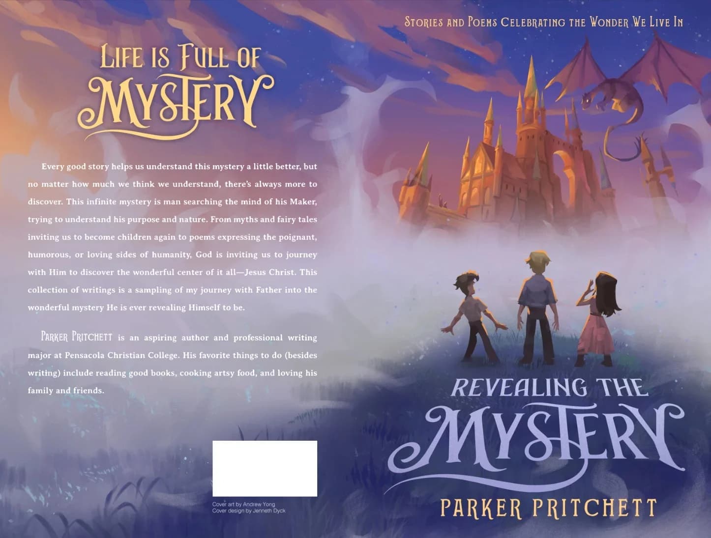 Full wrap book cover illustration for 'Revealing the Mystery' by Parker Pritchett, showing three children gazing at a glowing fantasy castle with a dragon soaring overhead in a mystical twilight sky