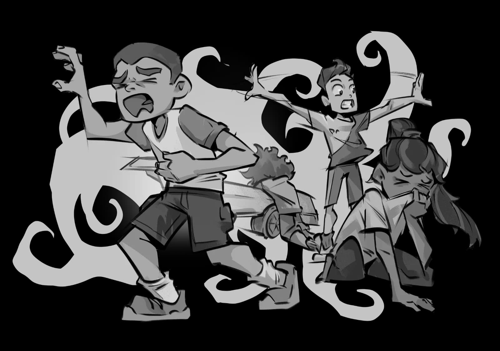 Grayscale interior book illustration of a group of children caught in a chaotic action scene, surrounded by swirling dark tentacle-like shapes
