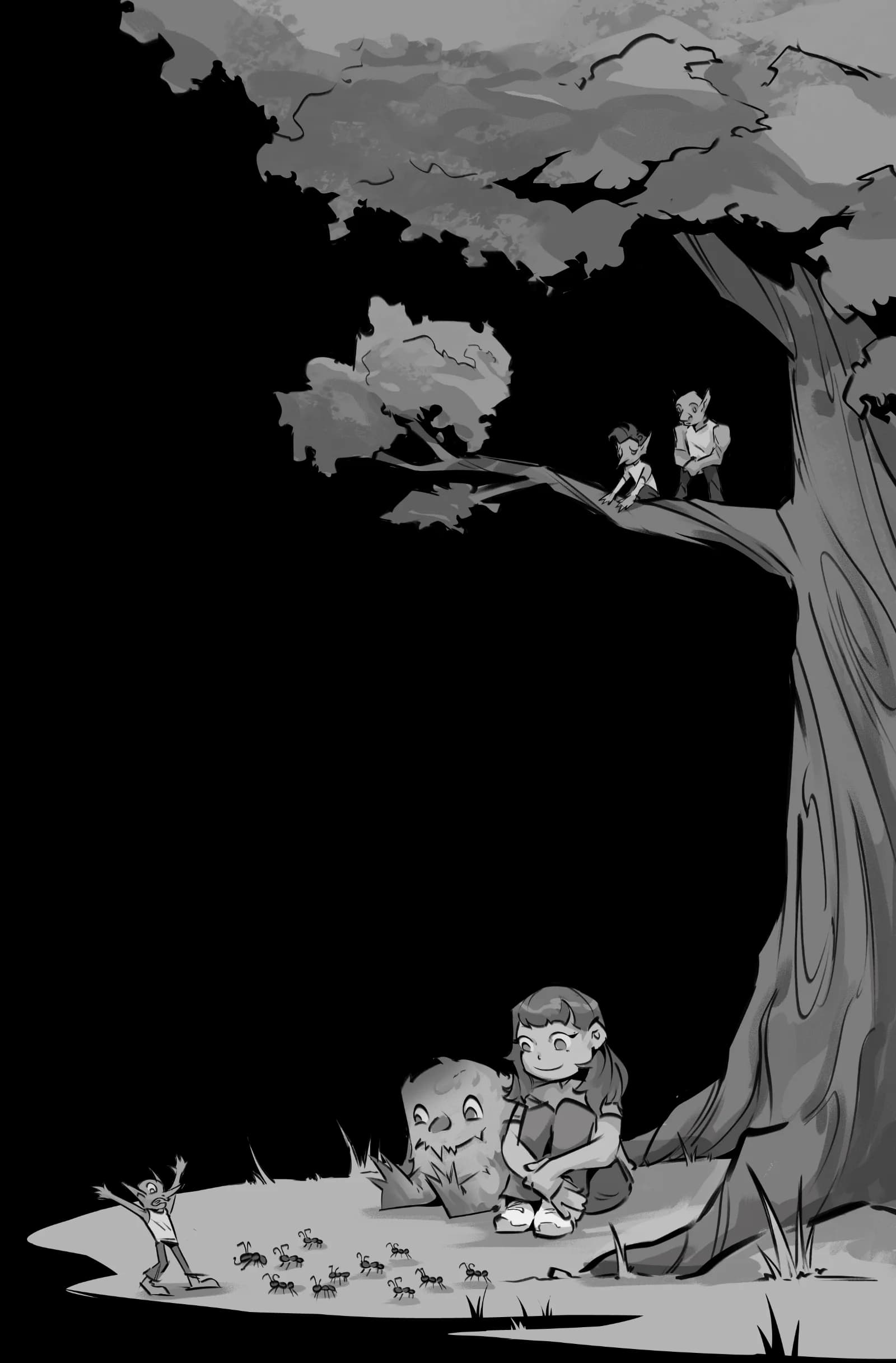 Grayscale interior book illustration of children gathered around a large tree, with a girl and creature sitting beneath the roots, two figures perched in the branches, and a small character in the grass