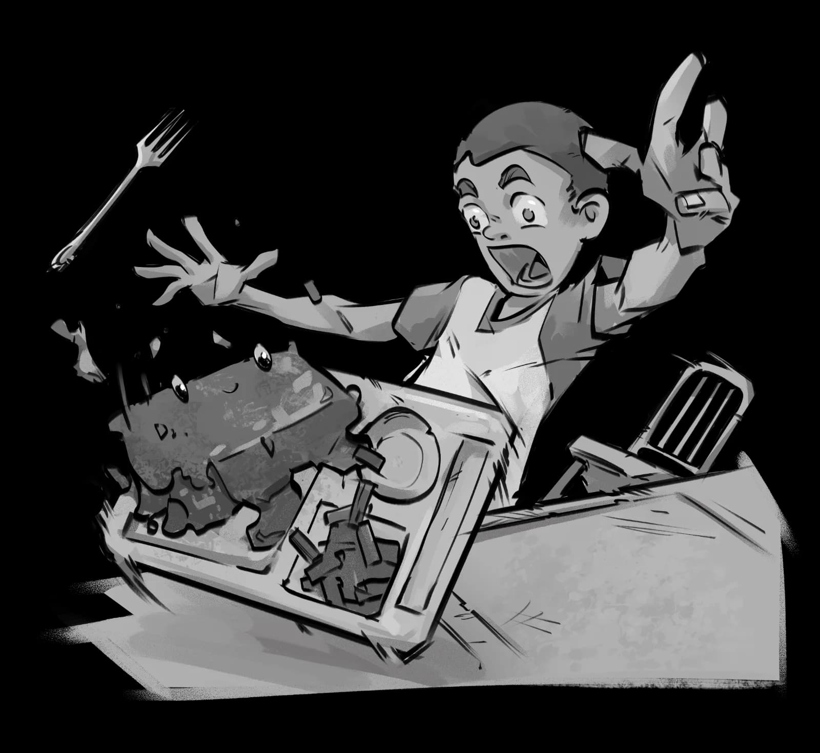 Grayscale interior book illustration of a boy in an apron reacting in shock as a tray of food crashes to the floor with utensils flying through the air