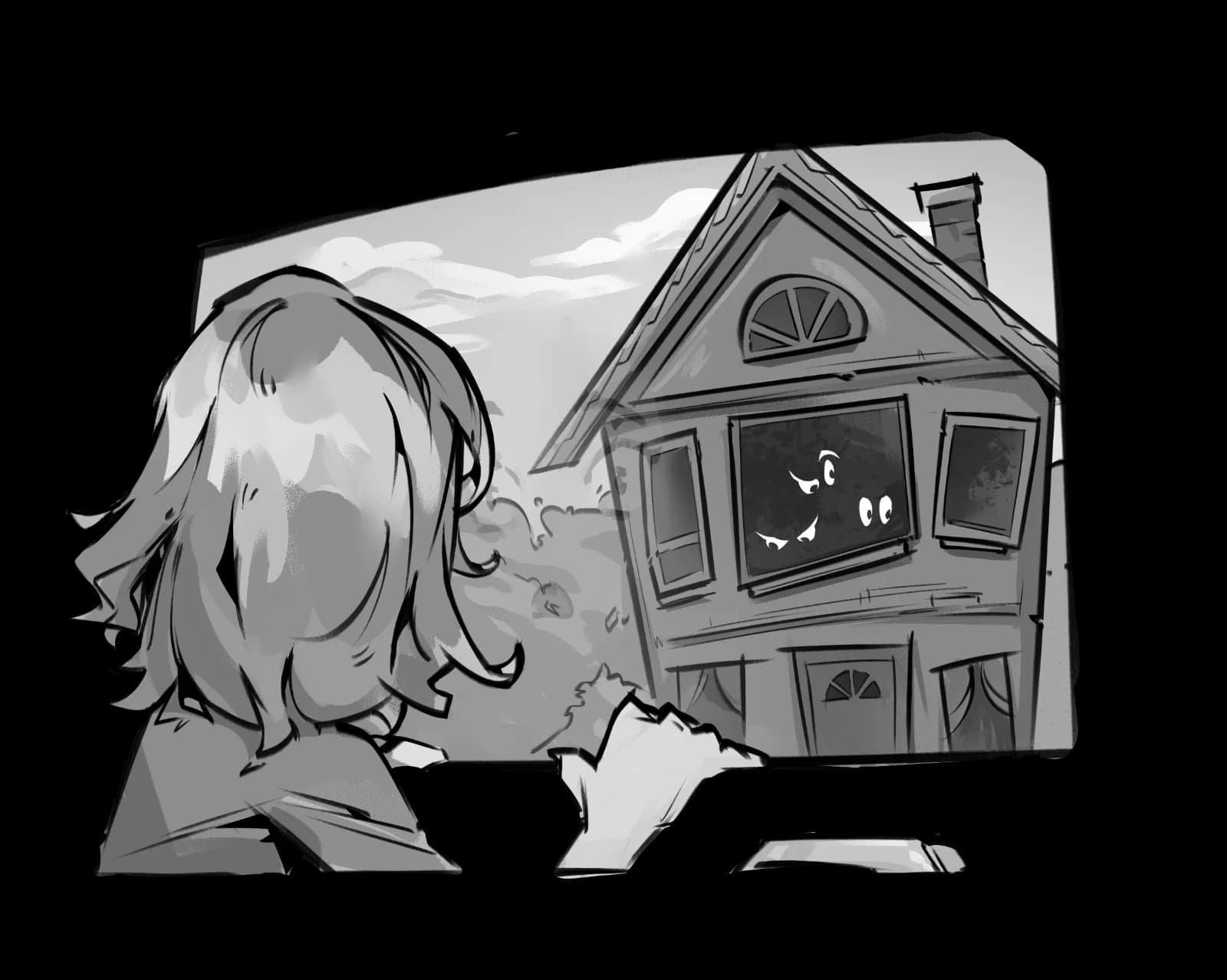 Grayscale interior book illustration of a nervous child looking out a window to an eerie house with glowing eyes peering from a darkened window