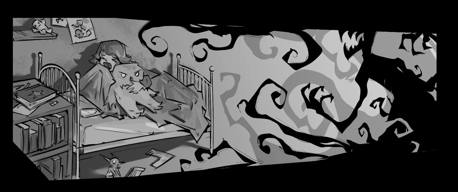 Grayscale panoramic interior book illustration transitioning from a frightened child in bed clutching a stuffed animal into a swirling dreamscape of shadowy creatures and dark tendrils