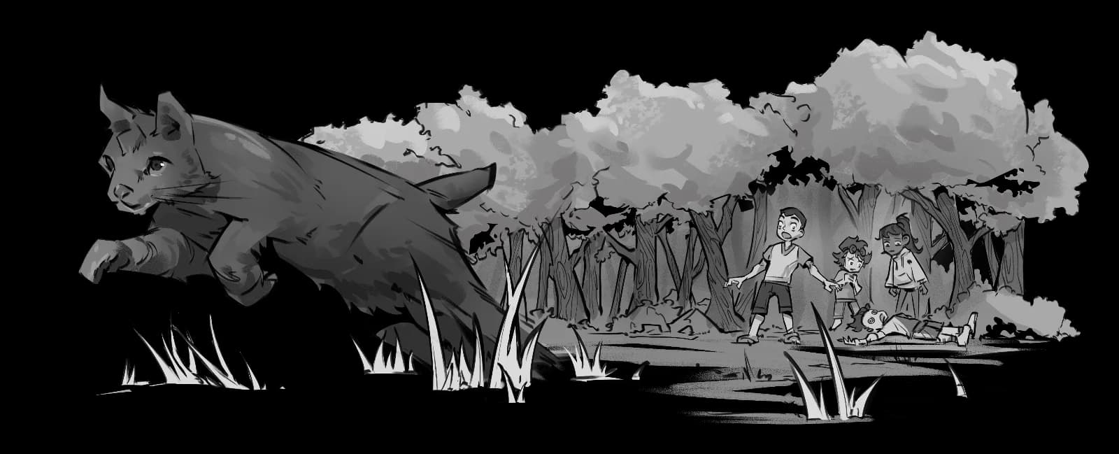 Grayscale interior book illustration of a large black cat leaping through tall grass while a group of children watches cautiously from the edge of a forest
