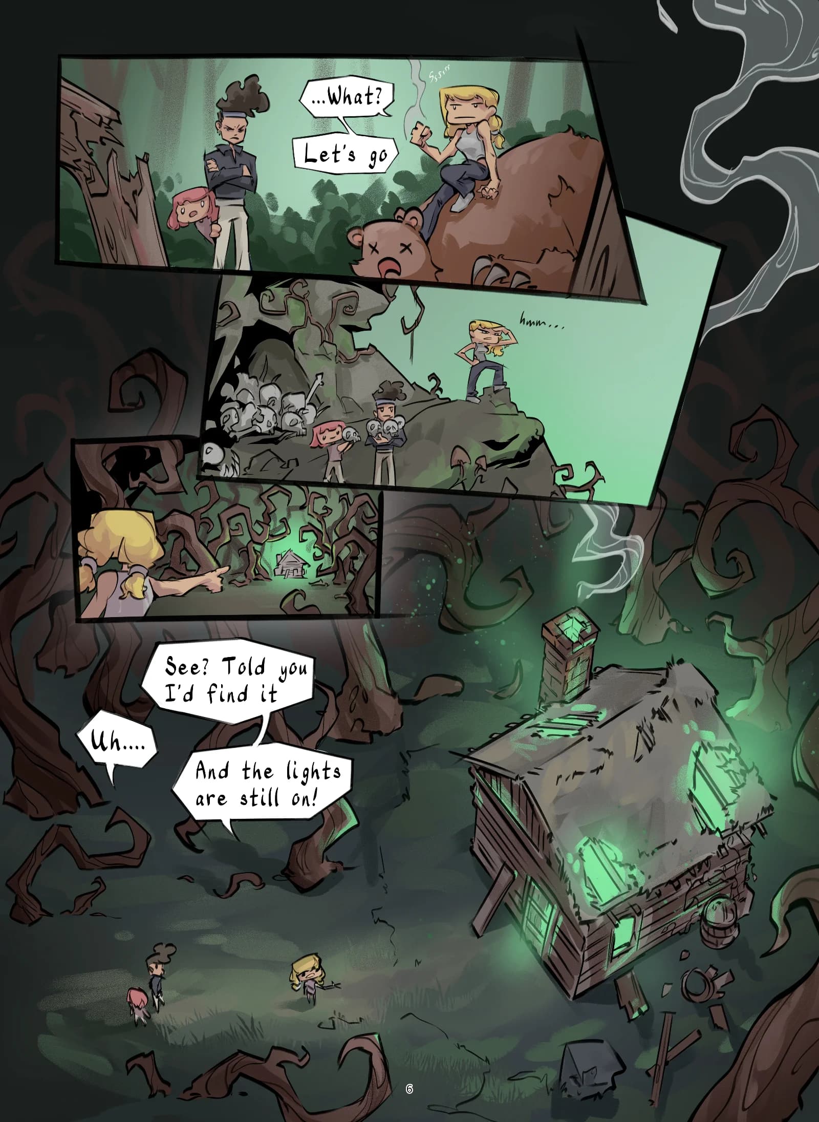 Full-color interior comic page showing children and a bear navigating a dark fantasy forest across multiple panels, culminating in the discovery of a glowing green cabin