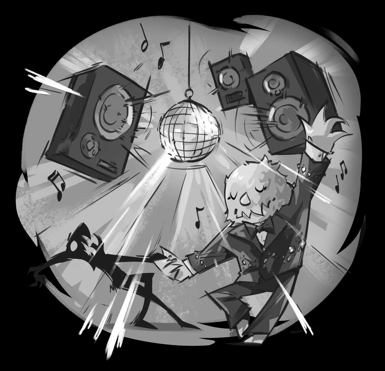 Grayscale interior book illustration of a robot and a suited character dancing wildly under a disco ball with floating speakers and musical notes