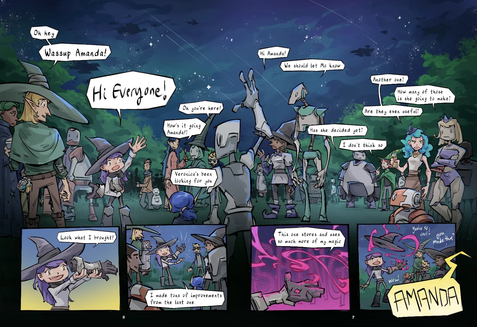 Full-color interior comic page showing characters greeting Amanda the Space witch with panels of her showing off an invention to help her magic